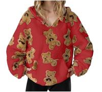 Hoodies for Women UK Cute Bear Print Teddy Fleece Top Outwear Plush Pullover Jumpers Long Sleeve Swetshirt Sweater Essentials Hoodie Soft Fleece Hoodie Fuzzy Top Teen Girl Clothes Sport Activewear