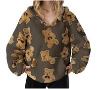 Hoodies for Women UK Cute Bear Print Teddy Fleece Top Outwear Plush Pullover Jumpers Long Sleeve Swetshirt Sweater Essentials Hoodie Soft Fleece Hoodie Fuzzy Top Teen Girl Clothes Sport Activewear