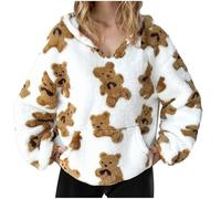 Hoodies for Women UK Cute Bear Print Teddy Fleece Top Outwear Plush Pullover Jumpers Long Sleeve Swetshirt Sweater Essentials Hoodie Soft Fleece Hoodie Fuzzy Top Teen Girl Clothes Sport Activewear
