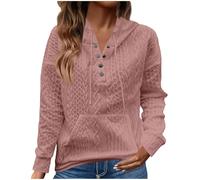 Hoodies for Women UK Drawstring Hooded Jumper Pullover Button V Neck Long Sleeve Sweatshirt Cable Tunic Sweater Ladies Fleece Sweatshirt Autumn Winter Top Basic Sweaters Women Thermal Tops