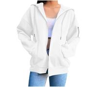 Hoodies for Women UK Drawstring Zip up Hoodie with Pockets Long Sleeve Baggy Oversized Sweatshirts Ladies Lightweight Jackets Autumn Clothing White Plus Size 24