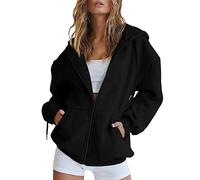 Hoodies for Women UK Full Zip Long Sleeve Tops Hoodie Oversized Y2K Sweaters with Pocket Jacket Casual Sweatshirts Lightweight Solid Color Autumn Winter Warm Outwear Plus Size S-5XL A-Black