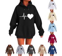 Hoodies For Women Uk Heart Print Womens Sweatshirt Hood Drawstring Winter Warm Solid Colour Pullover Sweatshirt With Pockets Fleece Lined Oversized Hoodie Casual Long Sleeves Baggy Tops Black
