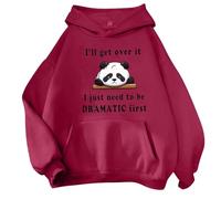 Hoodies for Women UK I'll Get Over It I Just Need To Be Dramatic First Panda Graphic Hooded Sweatshirt Casual Long Sleeve Tops(Red, L)