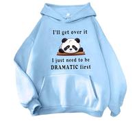 Hoodies for Women UK I'll Get Over It I Just Need To Be Dramatic First Panda Graphic Hooded Sweatshirt Casual Long Sleeve Tops(Light Blue, S)
