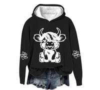 Hoodies for Women UK Sales Clearance Highland Cow Sweatshirt O Neck Kawaii Cow Letter Print Casual Pullover Long Sleeve Teen Girls Basic Sweatshirt School Juniors for Ladies s-5xl Black