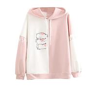 Hoodies for Women UK, Women's Cartoon Animal Print Patchwork Hoodie Cute Girl Kawaii Hooded Sweatshirt Vintage Streetwear Funny Teenager Pullover Y2K Clothes Fall Pullover Top Going Out Tops Pink