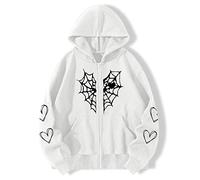 Hoodies For Women Uk,Zip Up Hoodie Women Spider Web Heart Print Graphic Sweatshirts Loose Casual Long Sleeve Hooded Jacket Top With Pocket White