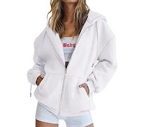 Hoodies for Women UK Zip Up Solid Color Hooded Sweatshirts Autumn Fleece Lined Hoodie with Pockets Ladies Jackets Casual Long Sleeve Tops Comfortable Coats Loose Fit Outerwear Size 8-16 White
