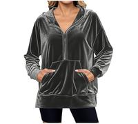 Hoodies For Women Velvet Zip Neck Solid Color Pocket Loose Fit Ladies Hoodie Comfy Causal Trendy Pullover Hooded Sweatshirts Fall Winter (Grey, S) Womens Hoodies Size 16