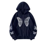 Hoodies For Women Y2k Zip Up Butterfly Vintage Drawstring Pocket Hooded Sweatshirts Ladies Hoodie Comfy Causal Trendy Fall Winter Pullover (Blue, L) Ladies Bed Jacket