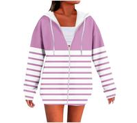 Hoodies for Womens Colour Block Striped Sweatshirt Zip Up Cardigan Jacket Drawstring Hooded Coat Lightweight Fashion Hoodie Outdoor Tracksuit Sports Hiking Sweatshirts Fall Winter Coats