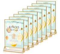 HOODO 8 Pack 5x7 Acrylic Table Number Holders with Golden Border, Double-Sided Clear Acrylic Sign Holder Gold Picture Frames Sign Holder, Vertical Stand (5"x7"-8 Pack)