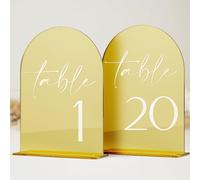 HOODO Gold Mirror Acrylic Wedding Table Numbers 1-20 with Stands, 5"x7" Arched Acrylic Table Signs and Holders, Gold Mirror Arch Table Numbers for Wedding Reception, Party, Anniversary, Event