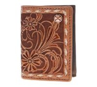 HOOEY Tuff Hand-Tooled Leather Floral Trifold Wallet with Logo Rivet