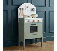 Hooga Playroom Toy Kitchen, Wooden Play Kitchen With Realistic Oven, Tea Towel Rail, Clock and Salt Pepper Pots, Mint Kitchen Playset With Utensils and Interactive Dials