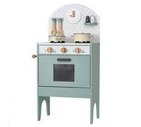 Hooga Toy Kitchen, Wooden Play Kitchen With Realistic Oven, Tea Towel Rail, Clock and Salt Pepper Pots, Mint Kitchen Playset With Utensils and Interactive Dials