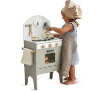 Hooga Toy Kitchen, Wooden Play Kitchen With Realistic Oven, Tea Towel Rail, Clock and Salt Pepper Pots, Kitchen Playset With Utensils and Interactive Dials (Grey)