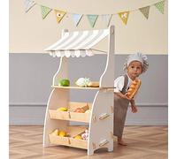 Hooga Wooden Toy Shop, Kids Role Play Shop Market Stand With Realistic Shelving and Fabric Canopy Supermarket Toy - Grey/White