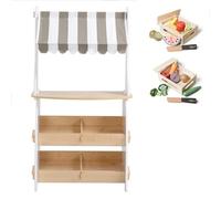 Hooga Wooden Toy Shop, Kids Role Play Shop Market Stand With Realistic Shelving and Fabric Canopy Supermarket Toy - Grey/White (Play Shop + Play Food) (Playshop + x2 Chopping Playfood)