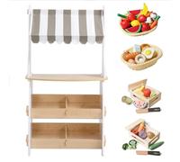 Hooga Wooden Toy Shop, Kids Role Play Shop Market Stand With Realistic Shelving and Fabric Canopy Supermarket Toy - Grey/White (Play Shop + Play Food)