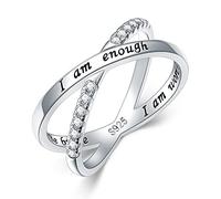 HOOHWE 925 Sterling Silver I am Enough Ring Inspirational Ring CZ Simulated Criss-Cross Affirmation Ring Size P1/2