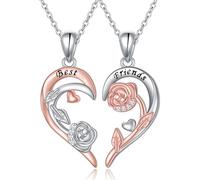 HOOHWE Best Friend Necklace 925 Sterling Silver Bff Necklace for 2 Rose Matching Heart Pendant Friendship Jewelry for Bestie Birthday Christmas Gifts