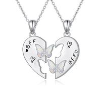 HOOHWE Best Friend Necklace 925 Sterling Silver Bff Necklace for 2 Synthetic Opal Butterfly Matching Heart Pendant Friendship Jewelry for Bestie Birthday Gifts