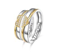 HOOHWE Sterling Silver Matching Heart Rings - Golden Heart - His & Hers - Adjustable - Engraved 'I Love You' - Promise/Valentine's Day/Anniversary/Birthday Rings