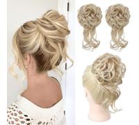 HOOJIH 2 Pieces Messy Bun Hair Piece Torn Updo with Vine Bun Extensions Wavy Curly Ponytail Scrunchies for Women HB010 Dasiy Ombre Dark Blonde and Light Blonde