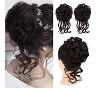 HOOJIH 2PCS Messy Bun Hair Piece, Tousled Updo with Tendrils Hair Bun Extensions Wavy Curly Hair Wrap Ponytail Hairpieces Hair Scrunchies for Women Girls - Dark Brown