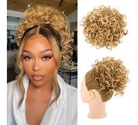HOOJIH Curly Hair Bun, Elastic Drawstring Loose Wave Messy Bun 1PC Large Full Hair Bun Extension Hairpiece Short Synthetic Ponytail Extension for Women - Light Golden Blonde