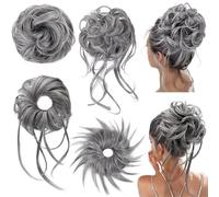 HOOJIH Messy Bun Hairpieces, 4 Pieces Messy Bun Hairpieces for Women Wavy Tousled Ponytail Hair Extensions Scrunchies with Elastic Band Light Grey