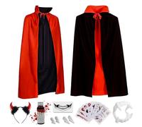 Hook Children's Vampire Cape with Collar, Halloween Cape Vampire Costume Black Red Double Sided for Halloween Carnival Cosplay with Devil Horns, Temporary Tattoos, Dentures and Blood Plasma