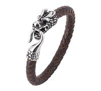 Hook Clasp Leather Bracelet Handmade Braided Cuff Wristband Dragon Head Brown Mens Jewellery With Pouch Birthday Gifts For Him Boyfriend Best Friend