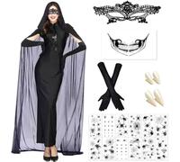 Hook Halloween Costume Women's Ghost Bride with Vampire Teeth, Black Dress with Hood, Long Gloves, Face Stickers & Spider Tattoo, Witch Vampire Outfit for Carnival & Horror Party