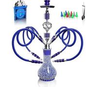 Hookah Complete Set with 4 Hose, 22'' Large Shisha Kit for Up to 4 Persons with Everything Included, Ceramic Bowl | Premium Hose | Beautiful Glass Vase (Blue OS1)