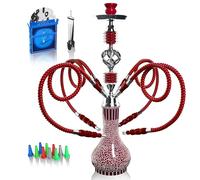Hookah Complete Set with 4 Hose, 22'' Large Shisha Kit for Up to 4 Persons with Everything Included, Ceramic Bowl | Premium Hose | Beautiful Glass Vase (Red OS1)