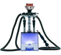 Hookah Set with Everything - Updated 2 Hoses Cube Modern Shisha include Vulcan HMD Silicone Phunnel Bowl Silk Pipes Coal Tongs Remote LED Light for Great Smoking | Easy Cleaning Easy Pull (2hoses)