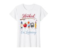 Hooked On Learning Funny Teacher School Classroom Value Graphic T-Shirt, Women, White, XS