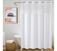 Hookless Linen Texture Shower Curtain with See Through Mesh Window 230GSM Heavy Duty Waterproof Fabric Bathroom Curtain with Weighted Hem, Hotel Style Washable Wet Room Bath Curtain, 183x191cm, White