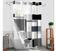 Hookless Shower Curtain with Snap in Liner, Black WhiteNo Hook Shower Curtain with Liner Set, Geometric Bathroom Curtain with Liner and See Through Top Window Bathroom Decor Set,71x85 Inches