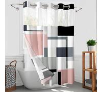Hookless Shower Curtain with Snap in Liner, Pink Black No Hook Shower Curtain with Liner Set, Geometric Bathroom Curtain with Liner and See Through Top Window Bathroom Decor Set,71x82 Inches