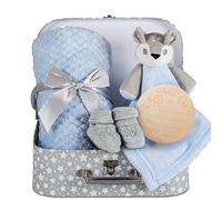Hoolaroo Baby Blanket New Baby Boy Gifts Newborn Baby Box Fleece Blanket, Blue Deer Fawn Comforter, Knit Booties, Baby Hamper Suitcase Blue Gifts for Baby Gifts Present Boys