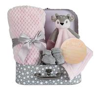 Hoolaroo Baby Blanket New Baby Girl Gifts Newborn Box Fleece Blanket, Pink Deer Fawn Comforter, Knit Booties, Hamper Suitcase Pink Gifts Present Girls
