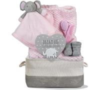 Hoolaroo Baby Gift Basket for Girls Pink Custom Gift Hamper Newborn Elephant Comforter Blanket Baby Shower Special Nappy Caddy Present