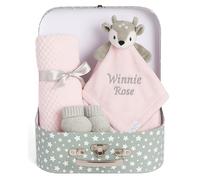 Hoolaroo New Baby Girl Gifts Newborn Box Fleece Blanket, Pink Deer Fawn Comforter, Knit Booties, Hamper Suitcase Pink Present Girls