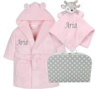 Hoolaroo New Born Baby Girls Gift Set Personalised New Baby Gift Pink Baby Dressing Gown Comforter Hamper Present (Age 0-6 Months)