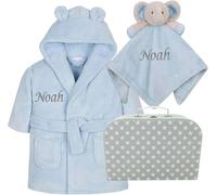 Hoolaroo Newborn Baby Boy Gift Set Personalised New Baby Gift Blue Baby Dressing Gown Elephant Comforter Hamper Present (Age 0-6 Months)