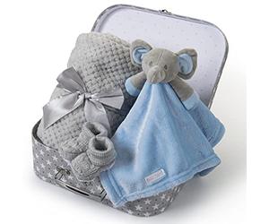 Hoolaroo Newborn Baby Gift Set New Baby Gifts Boy Hamper Present Unique Suitcase Memory Box Cute Soft Congratulations Milestone Blue Elephant Comforter Blanket